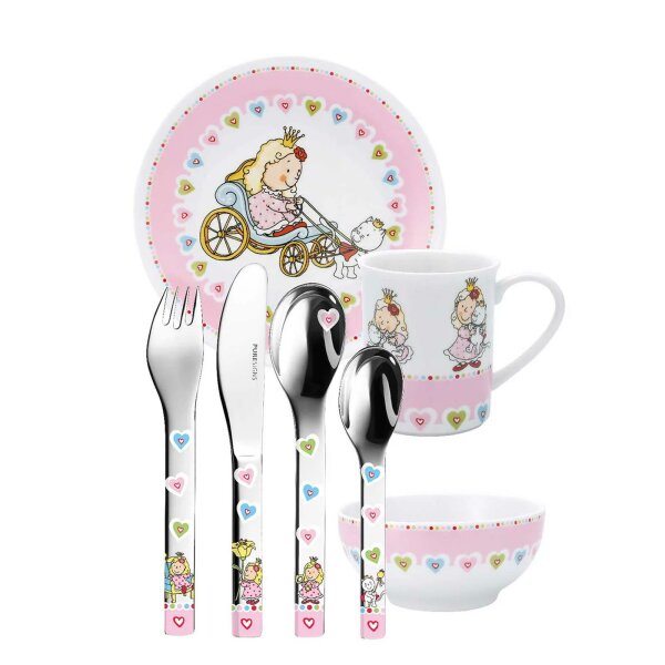 Kindergeschirr Set Puresigns - Nelia - Prinzessin, Blume, Schlüssel, Katze - 7-teilig ( Gravur möglich )