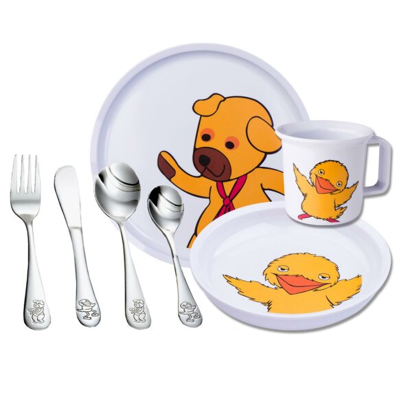 Kindergeschirr Set Nordahl Andersen - Bamse & Kylling - Teddybär, Hühnchen - 7-teilig ( Gravur möglich )