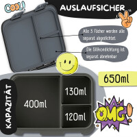 BearFoot Brotdose, Lunchbox, Bento Box COMPACT-S 650ml - Dinos Schwarz ( Gravur möglich )