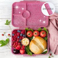 LEKKABOX Brotdose Glamour Lunchbox 880 ml mit 4 Fächern - pink glitzer ( Gravur - Namen möglich )